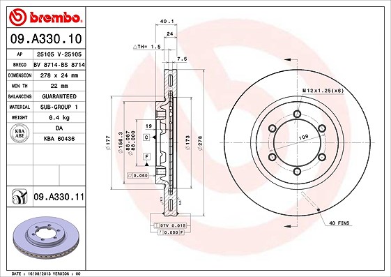 Brembo Bremsscheibe [Hersteller-Nr. 09.A330.11] für Ssangyong, Daewoo