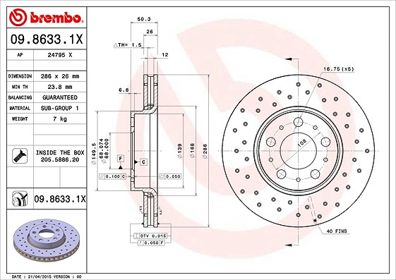 Brembo Bremsscheibe Vorderachse Belüftet [Hersteller-Nr. 09.8633.1X] für Volvo