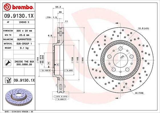 Brembo 1x Bremsscheibe [Hersteller-Nr. 09.9130.1X] für Volvo