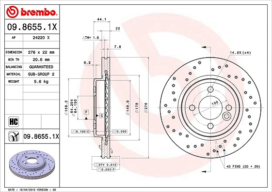 Brembo Bremsscheibe [Hersteller-Nr. 09.8655.1X] für Mini