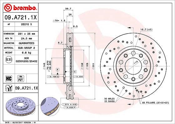 Brembo Bremsscheibe [Hersteller-Nr. 09.A721.1X] für Fiat, Alfa Romeo, Jeep