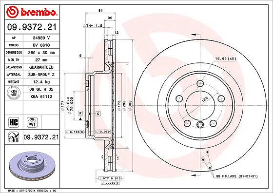 Brembo 1x Bremsscheibe [Hersteller-Nr. 09.9372.21] für Land Rover