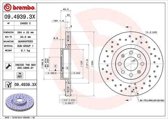 Brembo Bremsscheibe Vorderachse Belüftet [Hersteller-Nr. 09.4939.3X] für Vauxhall, Opel, Fiat