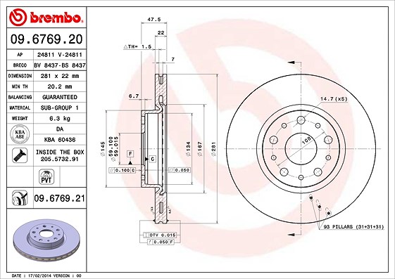 Brembo Bremsscheibe [Hersteller-Nr. 09.6769.21] für Lancia