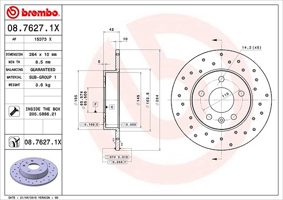 Brembo Bremsscheibe Hinterachse Voll [Hersteller-Nr. 08.7627.1X] für Opel, Chevrolet, Vauxhall