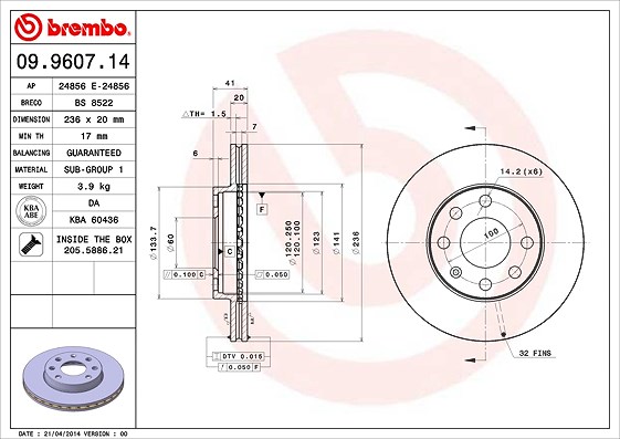 Brembo Bremsscheibe [Hersteller-Nr. 09.9607.14] für Chevrolet, Vauxhall, Bedford, Opel