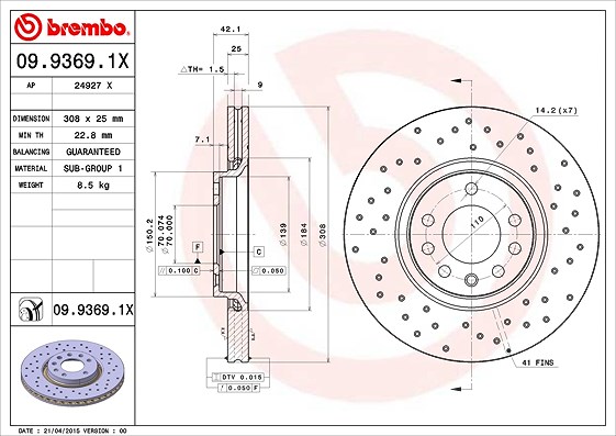 Brembo Bremsscheibe Vorderachse Belüftet [Hersteller-Nr. 09.9369.1X] für Opel, Vauxhall, Saab
