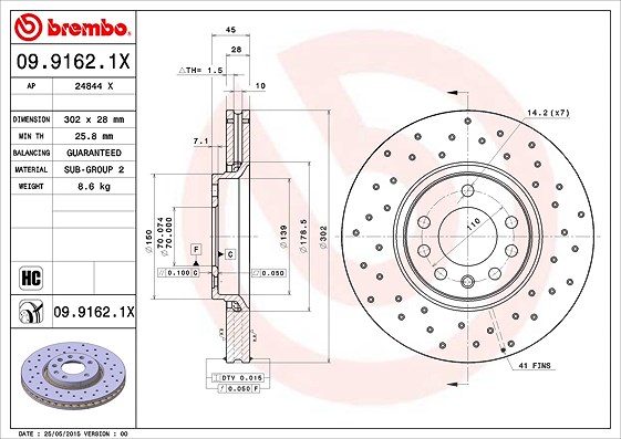 Brembo Bremsscheibe Vorderachse Belüftet [Hersteller-Nr. 09.9162.1X] für Saab, Opel, Vauxhall, Cadillac, Chevrolet