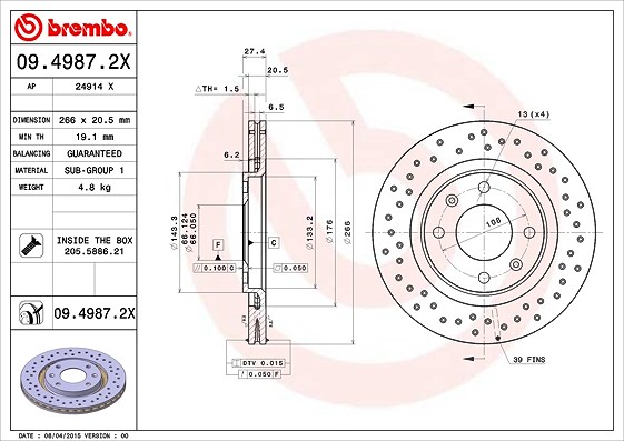 Brembo Bremsscheibe Vorderachse Belüftet [Hersteller-Nr. 09.4987.2X] für Peugeot, Citroën