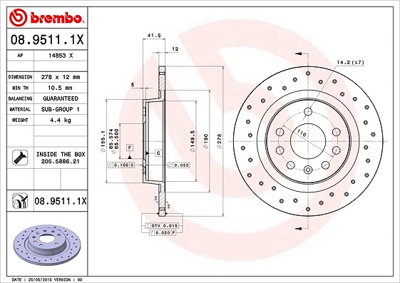 Brembo Bremsscheibe [Hersteller-Nr. 08.9511.1X] für Vauxhall, Saab, Cadillac, Opel