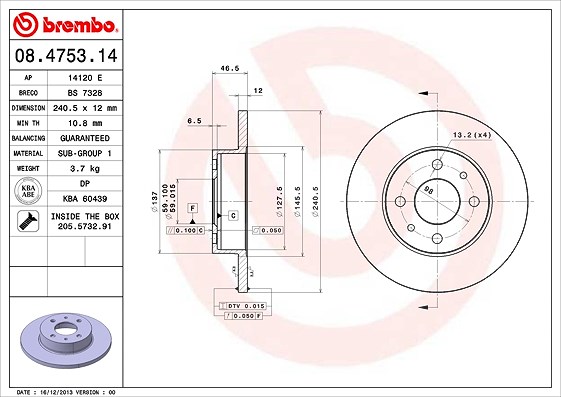 Brembo Bremsscheibe Vorderachse Voll [Hersteller-Nr. 08.4753.14] für Fiat, Lancia, Autobianchi, Innocenti