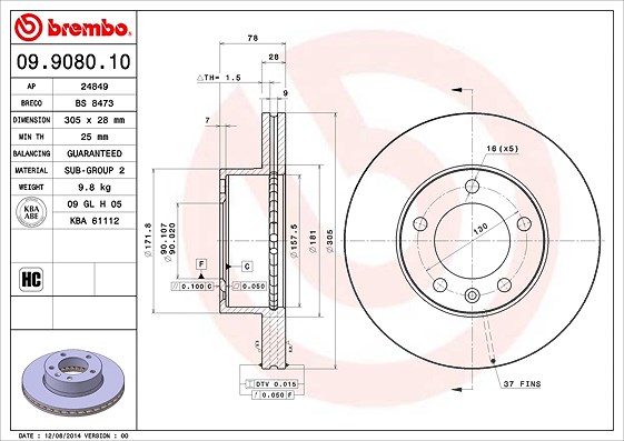 Brembo 1x Bremsscheibe [Hersteller-Nr. 09.9080.10] für Vauxhall, Renault, Opel, Nissan