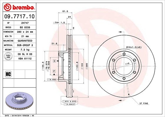 Brembo Bremsscheibe [Hersteller-Nr. 09.7717.10] für Renault, Vauxhall, Opel