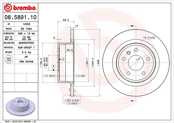 Brembo Bremsscheibe Hinterachse Voll [Hersteller-Nr. 08.5891.10] für Opel, Vauxhall