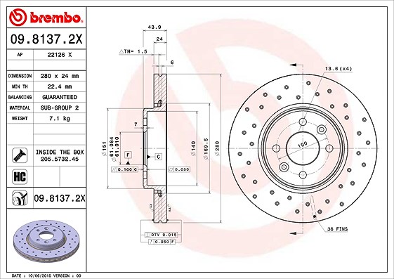 Brembo Bremsscheibe Vorderachse Belüftet [Hersteller-Nr. 09.8137.2X] für Dacia, Renault