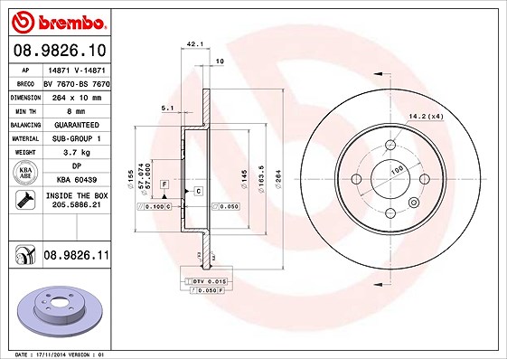 Brembo Bremsscheibe Hinterachse Voll [Hersteller-Nr. 08.9826.11] für Opel, Vauxhall