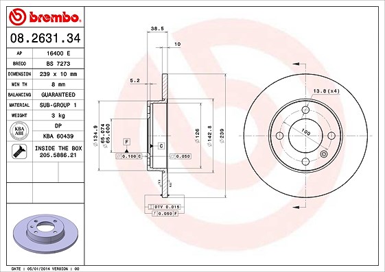 Brembo Bremsscheibe Vorder-/Hinterachse Voll [Hersteller-Nr. 08.2631.34] für Seat, Audi, VW