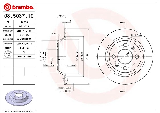 Brembo Bremsscheibe Hinterachse Voll [Hersteller-Nr. 08.5037.10] für Saab