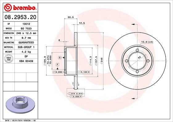 Brembo Bremsscheibe Vorderachse Voll [Hersteller-Nr. 08.2953.20] für Opel, Vauxhall