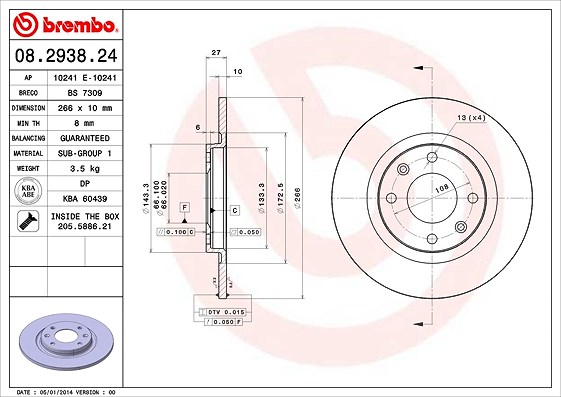Brembo Bremsscheibe Vorderachse Voll [Hersteller-Nr. 08.2938.24] für Peugeot