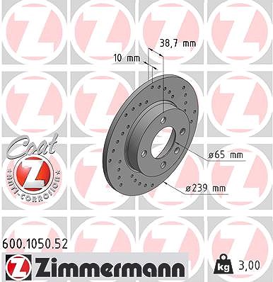 Zimmermann Bremsscheibe Vorder-/Hinterachse Voll [Hersteller-Nr. 600.1050.52] für Audi, VW, Seat