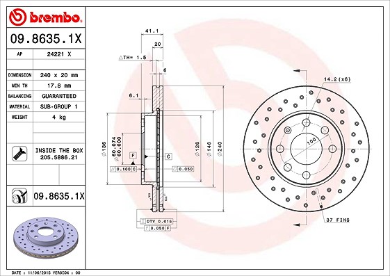 Brembo Bremsscheibe [Hersteller-Nr. 09.8635.1X] für Vauxhall, Opel