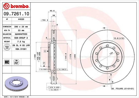 Brembo 1x Bremsscheibe [Hersteller-Nr. 09.7261.10] für Renault, Renault Trucks