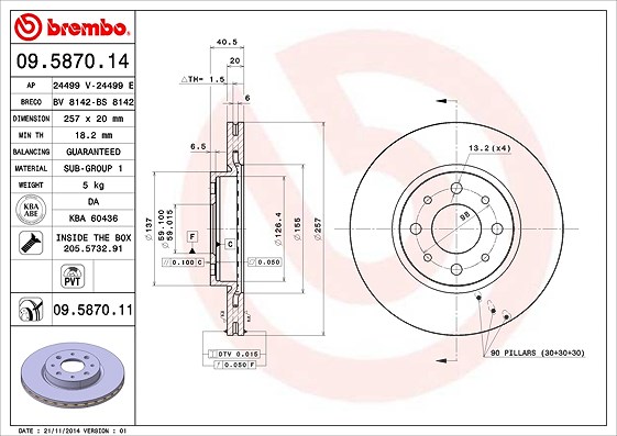 Brembo Bremsscheibe Vorderachse Belüftet [Hersteller-Nr. 09.5870.11] für Fiat, Alfa Romeo, Lancia