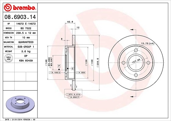 Brembo Bremsscheibe [Hersteller-Nr. 08.6903.14] für Mazda, Ford