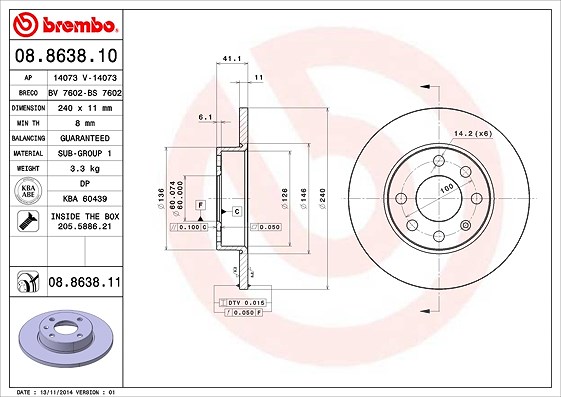 Brembo Bremsscheibe [Hersteller-Nr. 08.8638.11] für Opel, Vauxhall