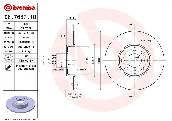 Brembo Bremsscheibe Vorderachse Voll [Hersteller-Nr. 08.7637.10] für Opel