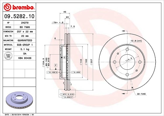 Brembo Bremsscheibe [Hersteller-Nr. 09.5282.10] für Nissan, Hyundai