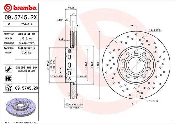 Brembo Bremsscheibe Vorderachse Belüftet [Hersteller-Nr. 09.5745.2X] für Seat, VW, Skoda, Audi