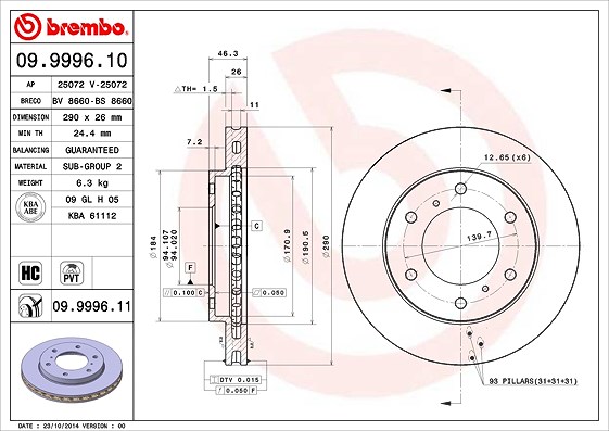 Brembo Bremsscheibe Vorderachse Belüftet [Hersteller-Nr. 09.9996.11] für Mitsubishi
