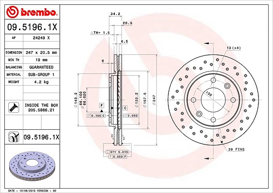 Brembo Bremsscheibe [Hersteller-Nr. 09.5196.1X] für Peugeot, Citroën, Mega, Lifan