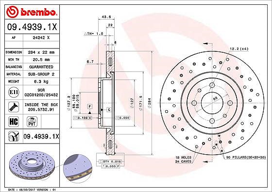 Brembo Bremsscheibe Vorderachse Belüftet [Hersteller-Nr. 09.4939.1X] für Fiat, Citroën, Peugeot, Abarth, Alfa Romeo, Lancia