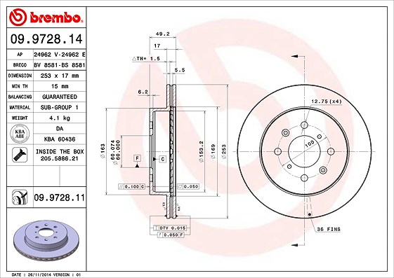 Brembo Bremsscheibe [Hersteller-Nr. 09.9728.11] für Subaru, Opel, Suzuki, Vauxhall