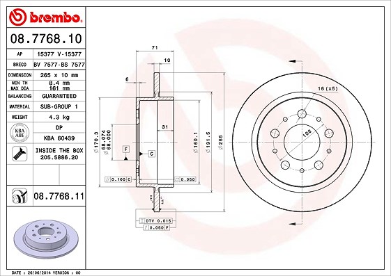 Brembo Bremsscheibe Hinterachse Voll [Hersteller-Nr. 08.7768.10] für Volvo