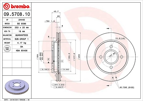 Brembo Bremsscheibe Hinterachse Belüftet [Hersteller-Nr. 09.5708.10] für Ford, Ac