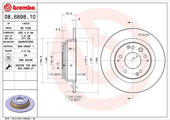 Brembo Bremsscheibe Hinterachse Voll [Hersteller-Nr. 08.6898.10] für Honda, Acura