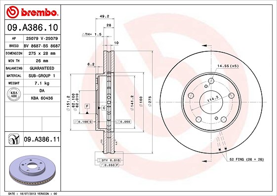 Brembo Bremsscheibe [Hersteller-Nr. 09.A386.11] für Lexus, Toyota