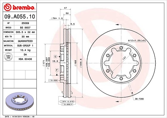 Brembo 1x Bremsscheibe [Hersteller-Nr. 09.A055.10] für Nissan