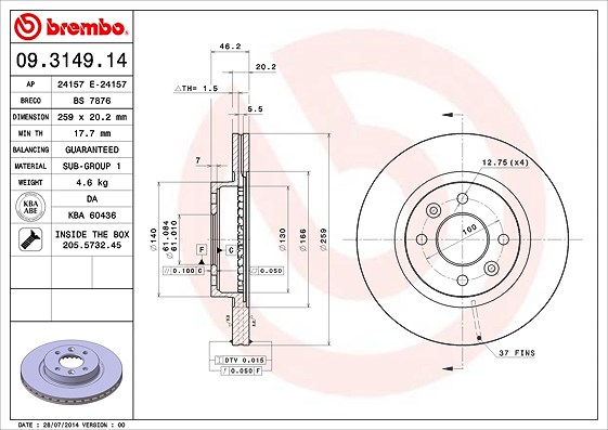 Brembo Bremsscheibe [Hersteller-Nr. 09.3149.14] für Renault