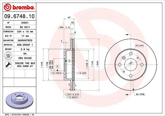 Brembo Bremsscheibe [Hersteller-Nr. 09.6748.10] für Daihatsu