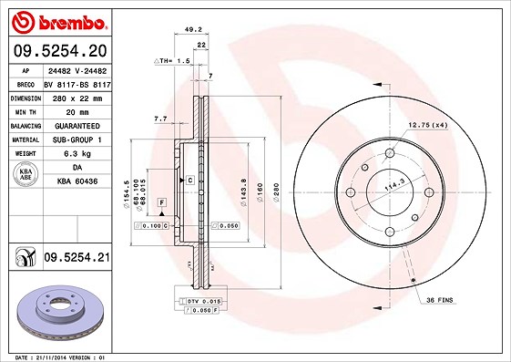 Brembo Bremsscheibe [Hersteller-Nr. 09.5254.21] für Nissan