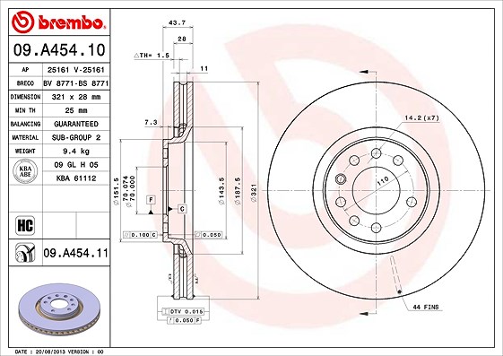 Brembo 1x Bremsscheibe [Hersteller-Nr. 09.A454.11] für Opel, Vauxhall