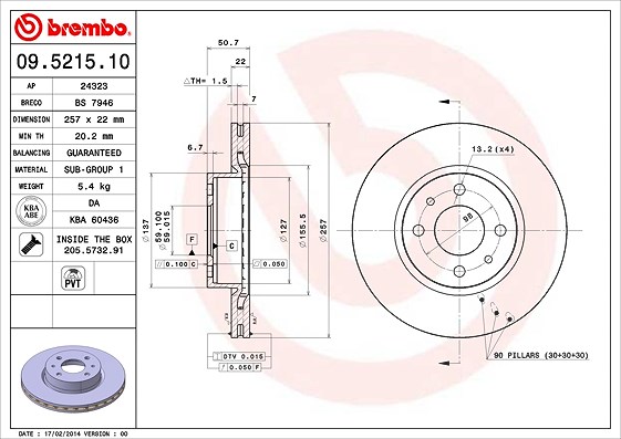 Brembo Bremsscheibe [Hersteller-Nr. 09.5215.10] für Alfa Romeo, Fiat, Lancia