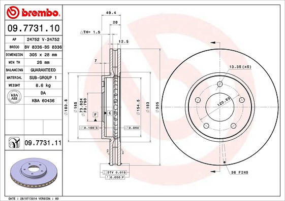 Brembo 1x Bremsscheibe [Hersteller-Nr. 09.7731.11] für Jaguar, Daimler
