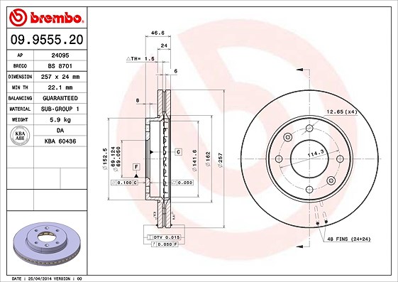 Brembo Bremsscheibe [Hersteller-Nr. 09.9555.20] für Hyundai, Kia