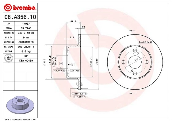 Brembo Bremsscheibe [Hersteller-Nr. 08.A356.10] für Toyota